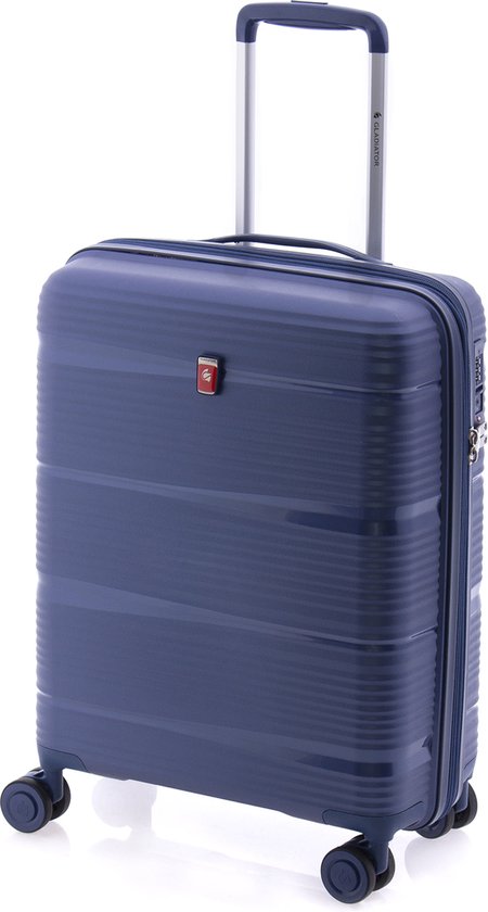 Donkerblauwe koffer met horizontale ribbels, uitschuifbaar handvat, wieltjes en TSA-slot.