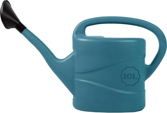 Arrosoir bleu aqua de 10 litres avec un bec noir et une poignée incurvée. L'indication 10L est visible sur le côté.