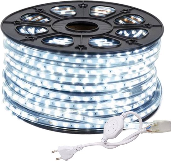 LED Strip Wit - 10 meter in een ROL - 220V - 5050 SMD - 60L/M - IP65 - Lichtstrips - Met Aansluitstekker