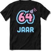64 Jaar Feest kado T-Shirt Heren / Dames - Perfect Verjaardag Cadeau Shirt - Licht Blauw / Licht Roze - Maat XXL