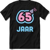 65 Jaar Feest kado T-Shirt Heren / Dames - Perfect Verjaardag Cadeau Shirt - Licht Blauw / Licht Roze - Maat 6XL