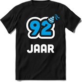92 Jaar Feest kado T-Shirt Heren / Dames - Perfect Verjaardag Cadeau Shirt - Wit / Blauw - Maat L