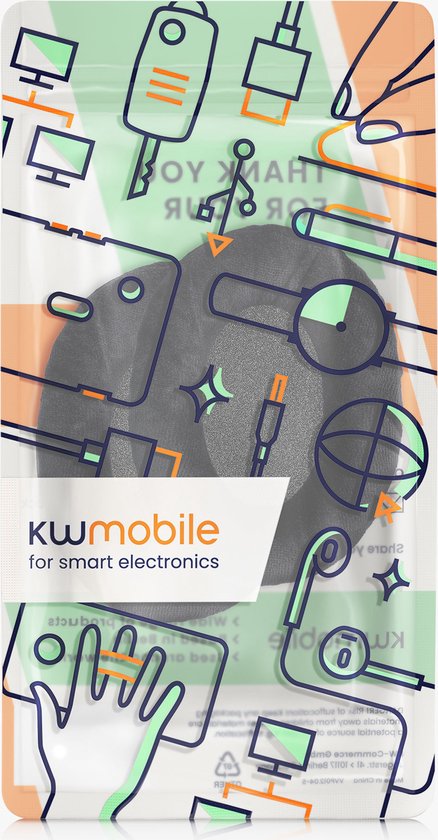 Verpakking voor koptelefoon accessoires met een illustratie van diverse elektronica-accessoires, waaronder oordopjes.