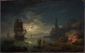 Kunst: Claude-Joseph Vernet, Coastal Scene in Moonlight, 1769, Schilderij op canvas, formaat is 30X45 CM