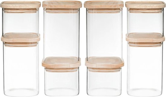 Set de 8 boîtes de conservation/pots de conservation en verre avec couvercle  en bois 