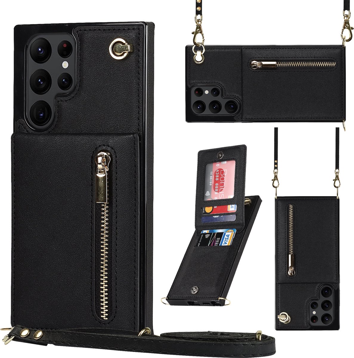 Wallet hoesje met koord geschikt voor Samsung S22 Ultra - Zwart