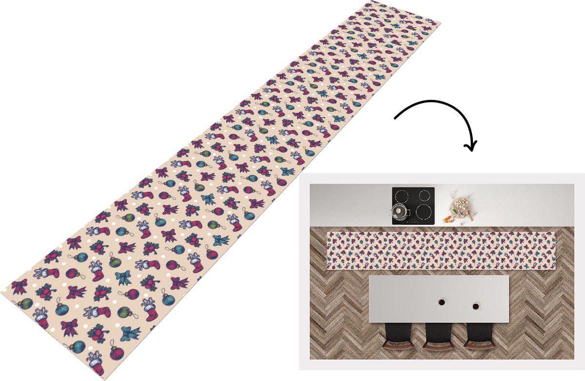 KitchenYeah Keukenloper - Keukenmat - Patronen - Kerst - Kerstballen - Strik - 360x60 cm - Keuken vloerkleed Multicolor