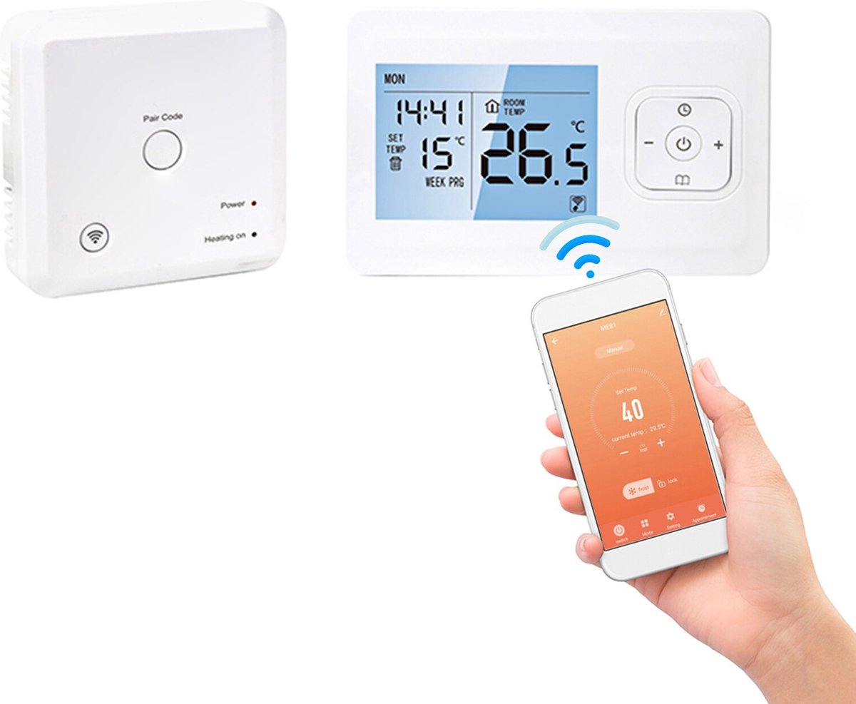 Slimme draadloze thermostaat voor gasketels, programmeerbare wandgemonteerde temperatuurregelaar met externe ontvanger, USB of batterijvoeding, 5 2 dagen programmering (met WIFI