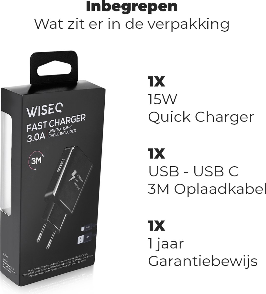 Chargeur Samsung WISEQ + Câble USB-C 3 mètres - Chargeur rapide - Zwart