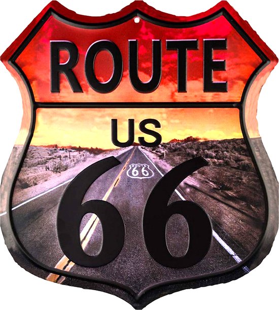 Clayre & Eef Tekstbord 45x50 cm Grijs Rood Ijzer Route 66 Wandbord