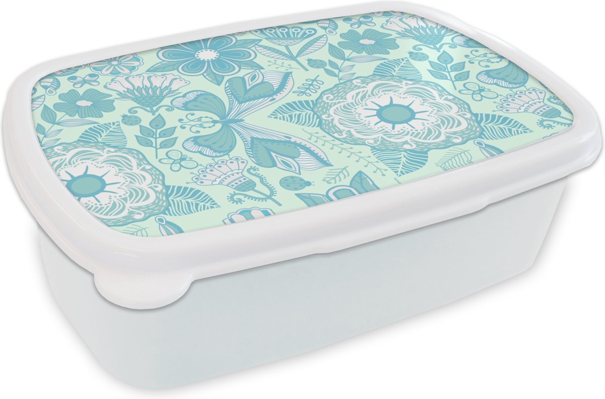 Broodtrommel Wit - Lunchbox - Brooddoos - Bloemen - Blauw - Wit - Patroon - 18x12x6 cm - Volwassenen