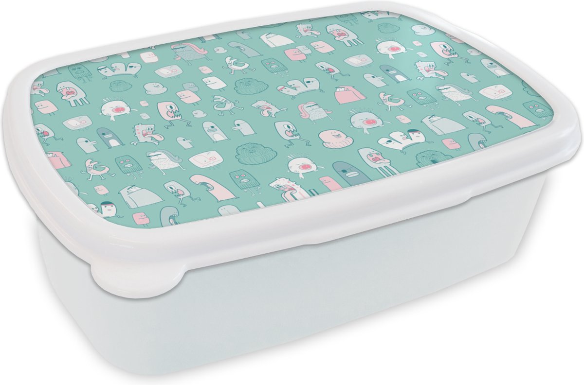 Broodtrommel Wit - Lunchbox - Brooddoos - Monster - Patroon - Pastel - 18x12x6 cm - Volwassenen