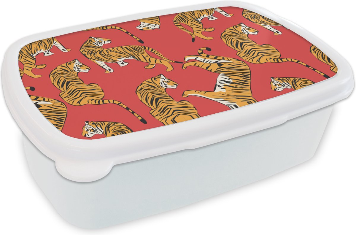 Broodtrommel Wit - Lunchbox - Brooddoos - Tiger - Jungle - Patronen - 18x12x6 cm - Volwassenen