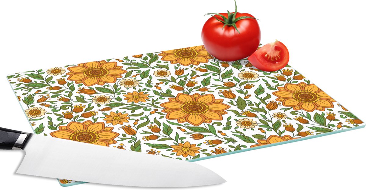 Glazen Snijplank - 28x20 - Bloemen - Oranje - Design - Snijplanken Glas