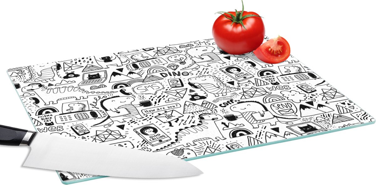 Glazen Snijplank - 39x28 - Patronen - Dinosaurus - Telefoon - Snijplanken Glas