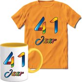 41 Jaar Vrolijke Verjaadag T-shirt met mok giftset Geel | Verjaardag cadeau pakket set | Grappig feest shirt Heren – Dames – Unisex kleding | Koffie en thee mok | Maat 3XL