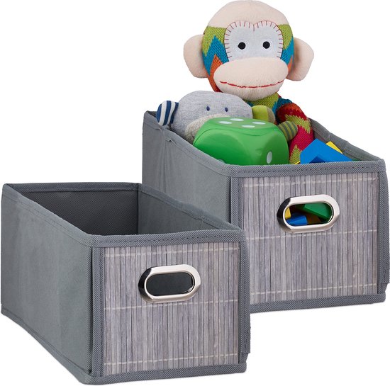 Relaxdays opbergmand bamboe, badkamer, opvouwbaar, laag, breed, vierkant, stoffen mand, HBD: 14 x 31 x 31 cm, natuur