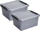 2x stuks opberg box/opbergdoos 36 liter 50 x 40 x 26 cm - Opslagbox - Opbergbak kunststof grijs/zwart
