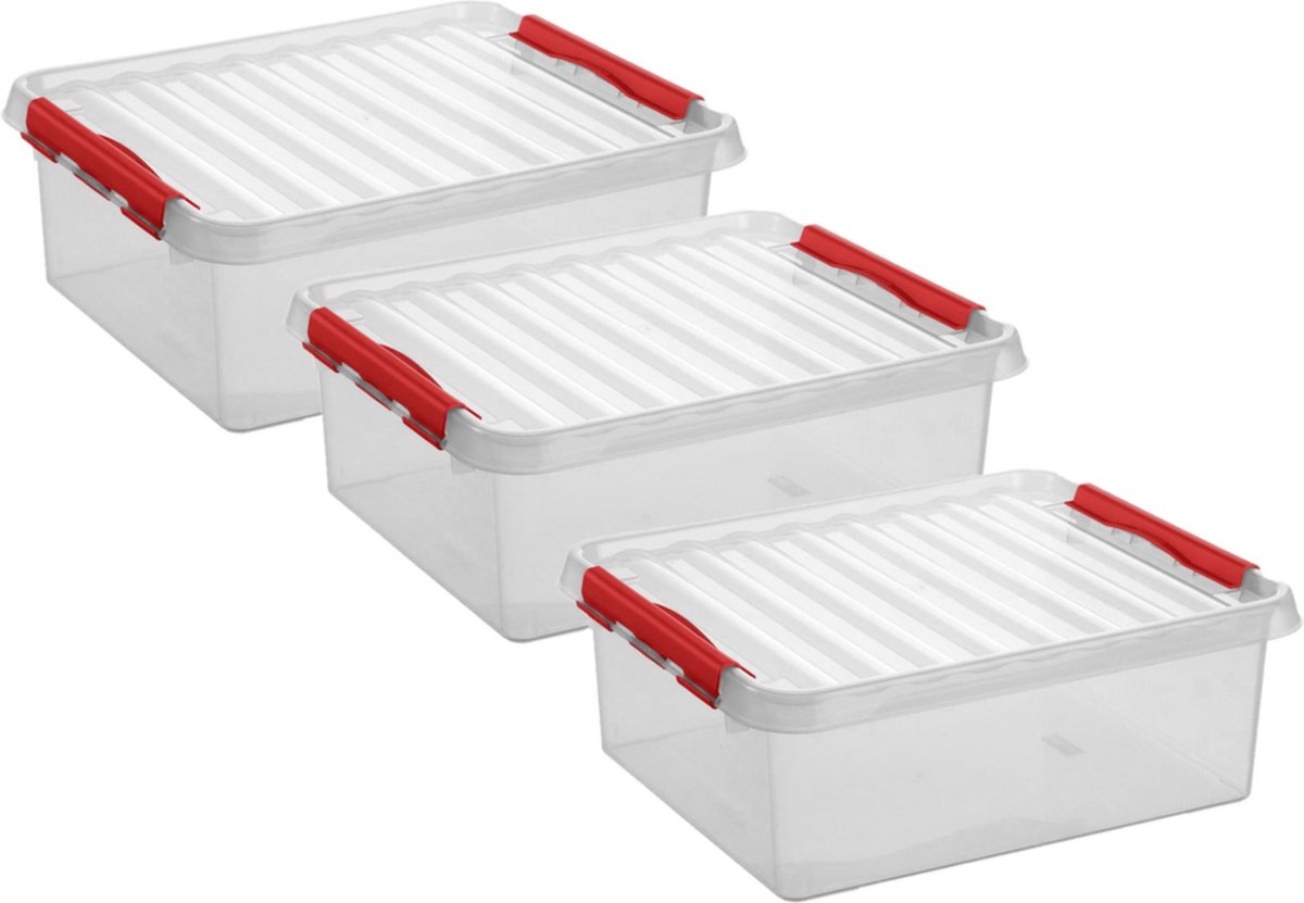 5x stuks opberg box/opbergdoos 25 liter 50 x 40 x 18 cm - Opslagbox - Opbergbak kunststof transparant/rood