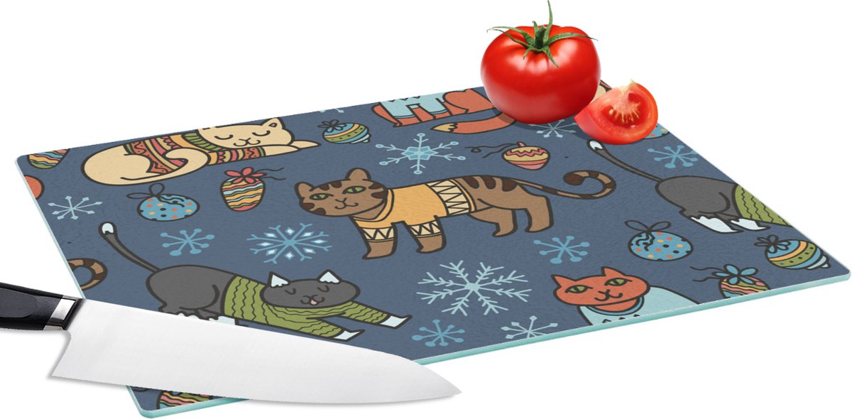 Glazen Snijplank - 39x28 - Kat - Dieren - Kerst - Patroon - Snijplanken Glas
