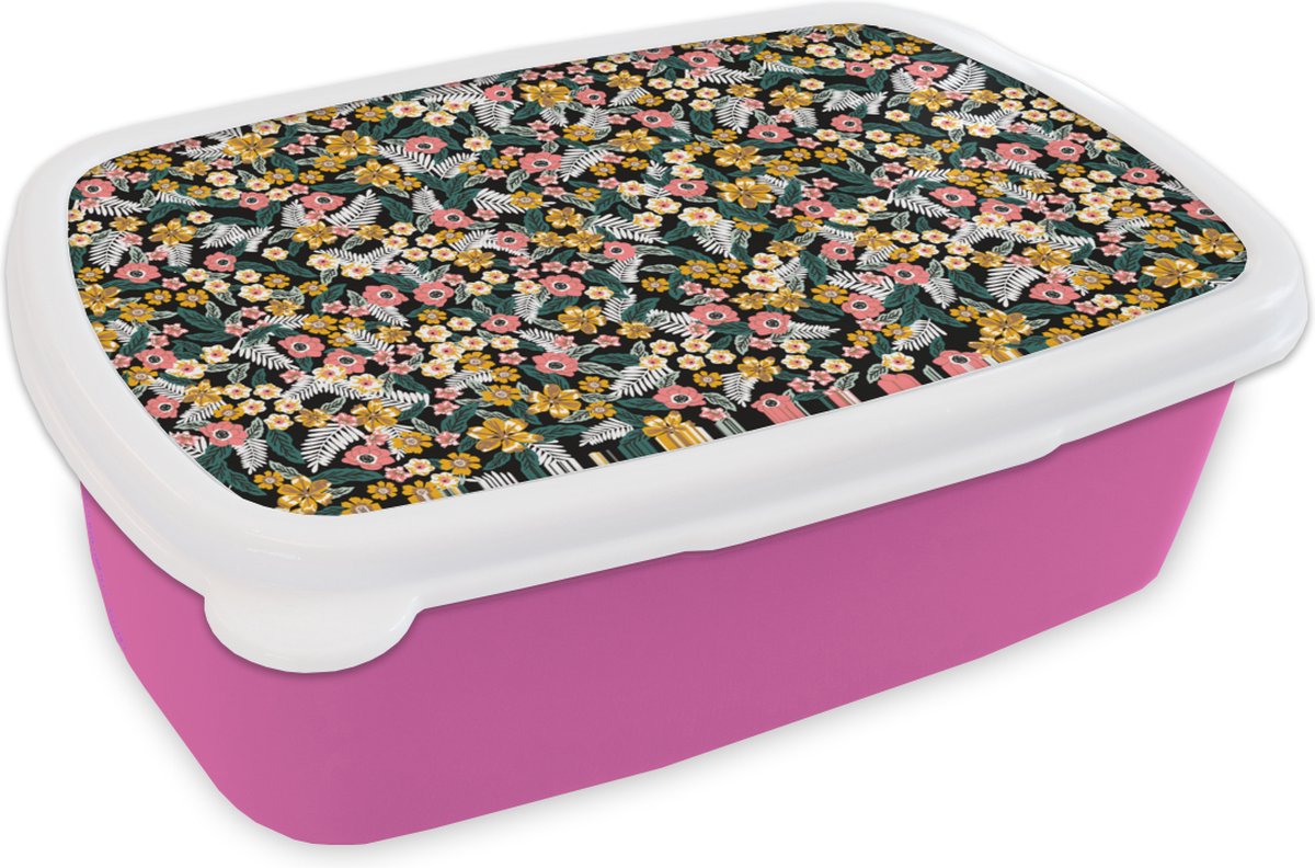 Broodtrommel Roze - Lunchbox - Brooddoos - Bloemen - Regenboog - Patronen - 18x12x6 cm - Kinderen - Meisje