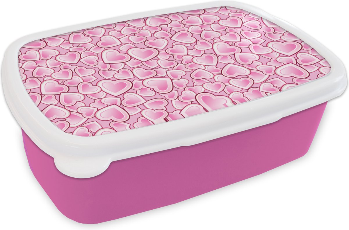 Broodtrommel Roze - Lunchbox - Brooddoos - Meiden - Hartjes - Roze - Patronen - Girl - Kindje - Kinderen - 18x12x6 cm - Kinderen - Meisje