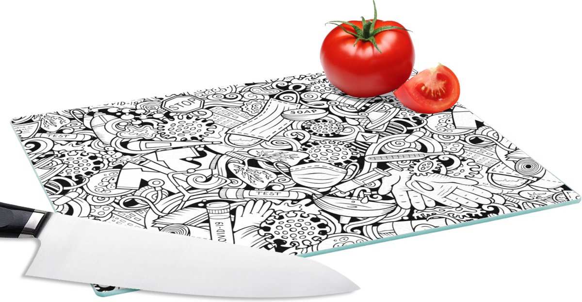 Glazen Snijplank - 28x20 - Patroon - Corona - Zwart Wit - Snijplanken Glas