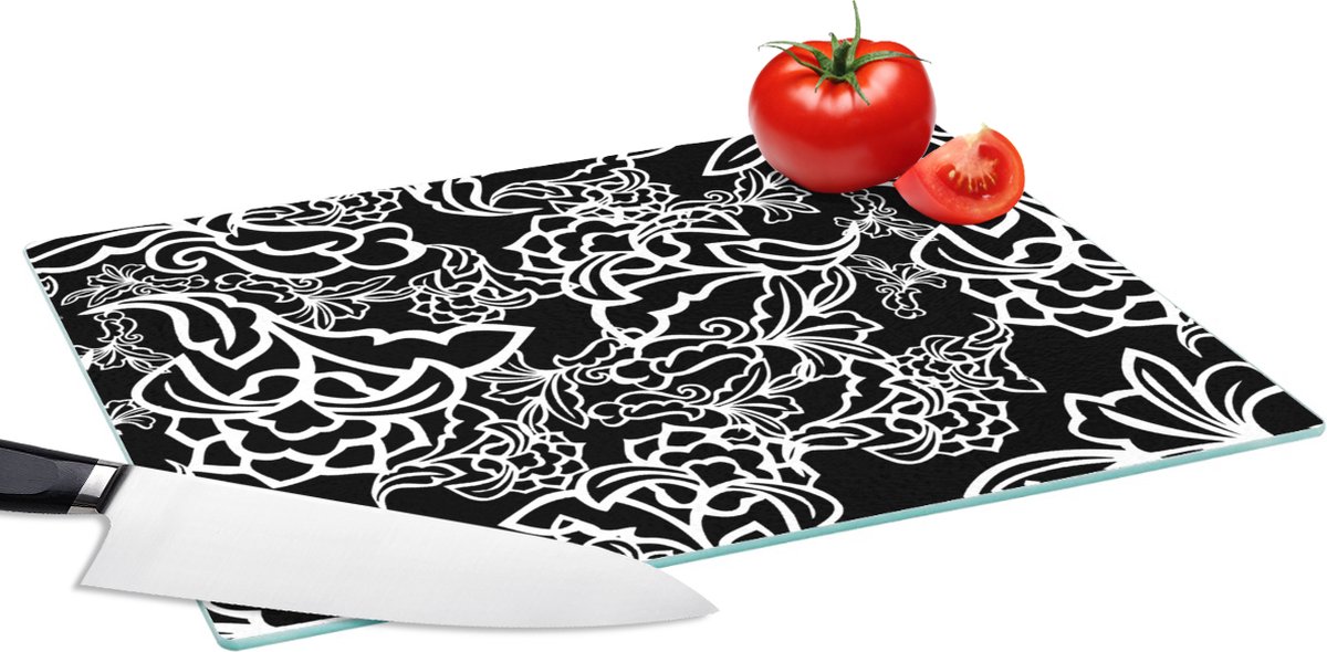 Glazen Snijplank - 39x28 - Patronen - Bloem - Zwart Wit - Snijplanken Glas