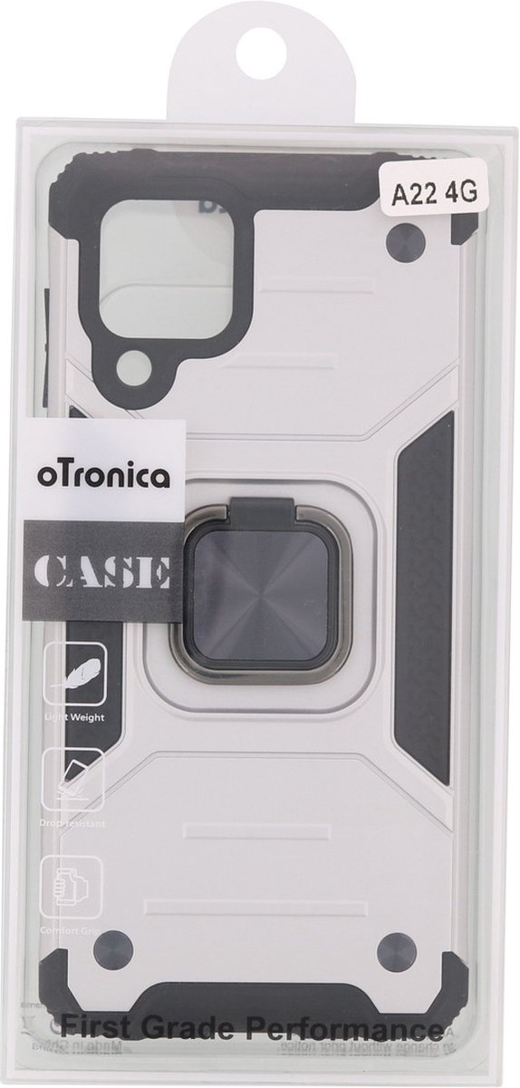 oTronica Armor Backcover Geschikt Voor Samsung Galaxy A22 (4G) hoesje met Ringhouder - Zilver