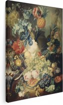 Artaza Canvas Schilderij Stilleven met Bloemen, Vruchten en Gevogelte - Jan van Os - 90x120 - Groot - Kunst - Wanddecoratie