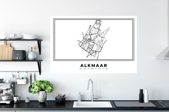 Stickers muraux - Pays- Nederland - Alkmaar - Plan de la ville - Carte - Zwart Wit - Carte - 120x80 cm - Feuille adhésive