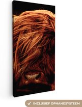 Canvas - Schotse hooglander schilderij - Close up - Dierenkop - Zwart - Koe - Schilderijen woonkamer - Foto op canvas - Kamer decoratie - 40x80 cm