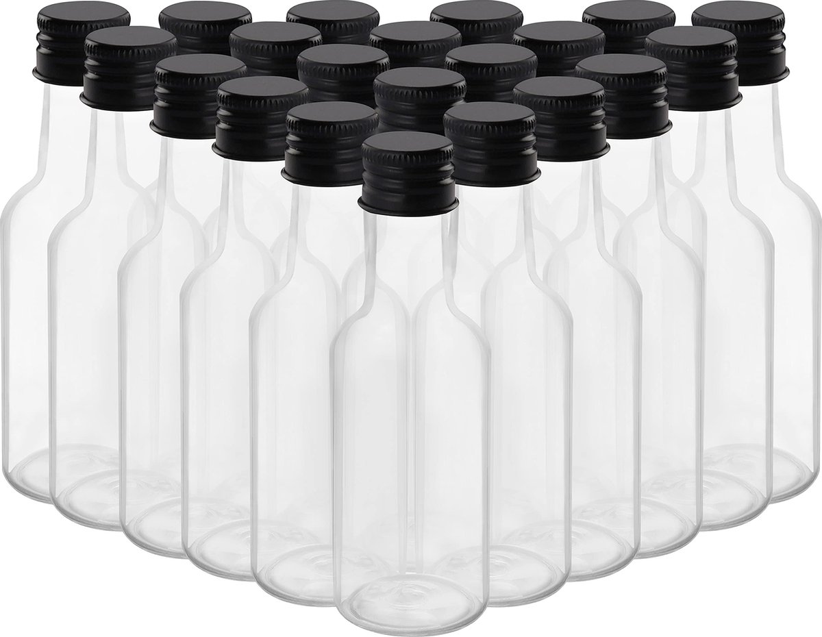 Belle Vous Kleine Likeur Flessen (24 Pak) – Herbruikbaar Plastic 150ml Lege Drank Fles met Zwarte Schroefdop, Vloeistof Trechter Voor Makkelijk Gieten, Vullen – Flessen Voor Huwelijk & Feestjes