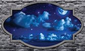 Fotobehang - Vlies Behang - Uitzicht door het Raam op de Sterrenhemel - Maan, Wolken en Sterren - 368 x 254 cm