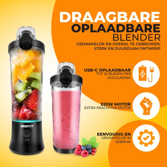 BODYIT® - Draagbare Blender met Extra Accessoires - 700ml - 6 Mesjes - Portable Blender To Go - USB-C - Oplaadbare Blenders met Accu - Draadloze Smoothie & Shake Maker - Zwart van BODYIT® — afbeelding 4