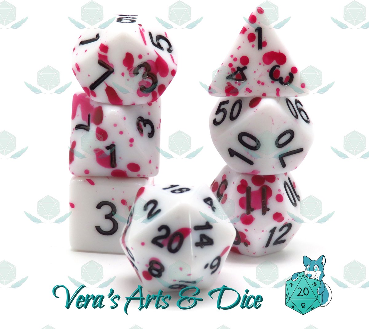 Speckled Blood Red | Polyset Dice | Dobbelstenen - Set Van 7 Stuks - Wit met Donker Rood Verfspetters en Zwarte Cijfers | Polydice | D&D Rollenspellen | Plastic Dobbelstenen Set Dungeons and Dragons | Polyhedral Dice Set | Zwarte Velvet Dice Bag