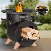 Blumfeldt Fire Pit with Grill Grate - Fire Bowl for Patio & Camping - Fire Bowl Set with Grill - L-Shape Fire Bowls with Poker - Fire Bowl for the Garden - Fire Pit with Wooden Stand - Zwart