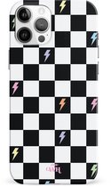 xoxo Wildhearts Thunderstruck - Single Layer - Hard Case geschikt voor iPhone 12 Pro Max hoesje - Bliksem hoesje - Dames hoesje geschikt voor iPhone 12 Pro Max hoesje - Geruit hoesje - beschermhoes - geblokt - zwart / wit