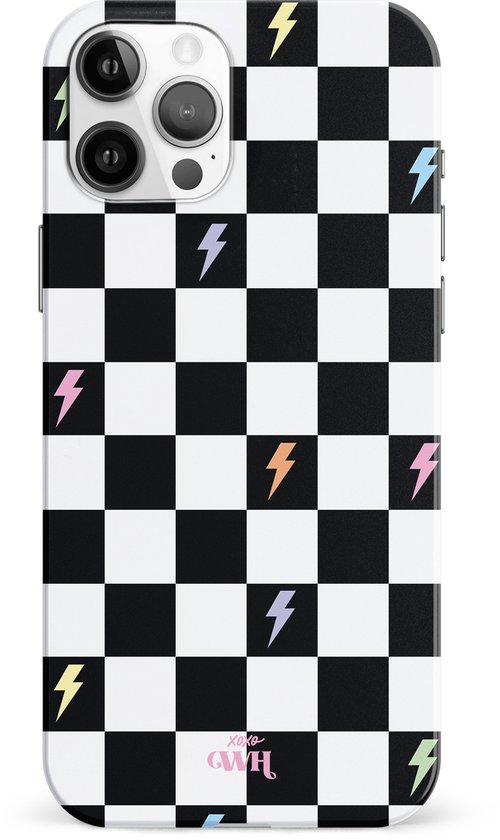 xoxo Wildhearts Thunderstruck - Single Layer - Hard Case geschikt voor iPhone 12 Pro Max hoesje - Bliksem hoesje - Dames hoesje geschikt voor iPhone 12 Pro Max hoesje - Geruit hoesje - beschermhoes - geblokt - zwart / wit
