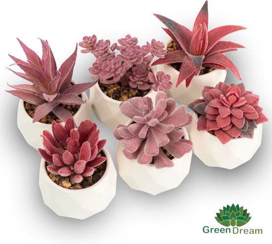 Greendream® Plantes Artificielles Set de 6 Plantes artificielles - Pot en Céramique - 6 Pièces Plantes Succulentes dans un Pot en Forme de Diamant - Aspect Naturel - Astuce Cadeau - Rose