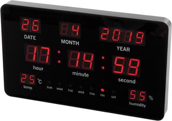 Perel Wandklok, met led-display, digitaal, thermometer, hygrometer, zwart, rood