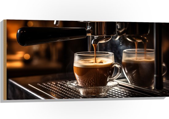 Hout - Koffie - Kopje - Apparaat - 100x50 cm - 9 mm dik - Foto op Hout (Met Ophangsysteem)
