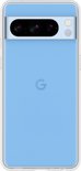 Lichtblauwe, flexibele siliconen hoes voor Google Pixel 8 Pro, met transparante randen en het 'G' logo op de achterkant.
