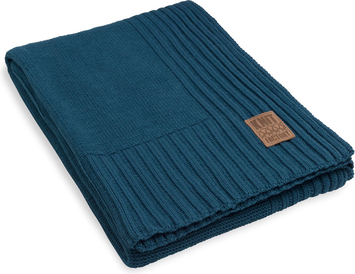 Knit Factory Uni Gebreid Plaid - Woondeken - plaid - Wollen deken - Kleed - Petrol - 160x130 cm