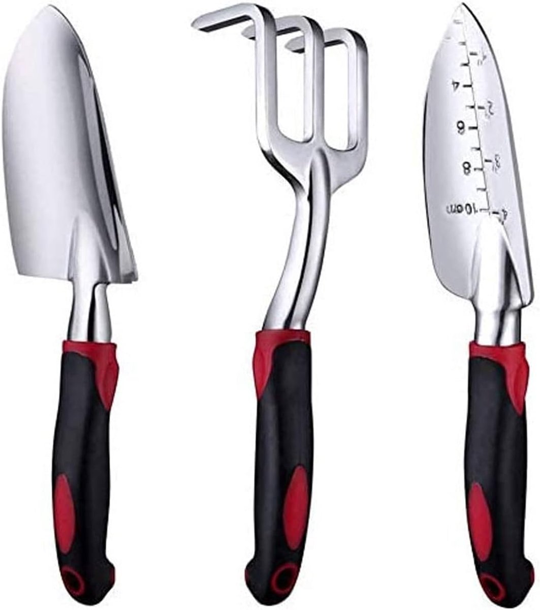 Tuingereedschapsset, 3 stuks aluminium heavy duty tuingereedschap inclusief handtroffel, transplantatie troffel en handhark, rubberen anti-slip handgreep, tuincadeau voor mannen en vrouwen (rood)