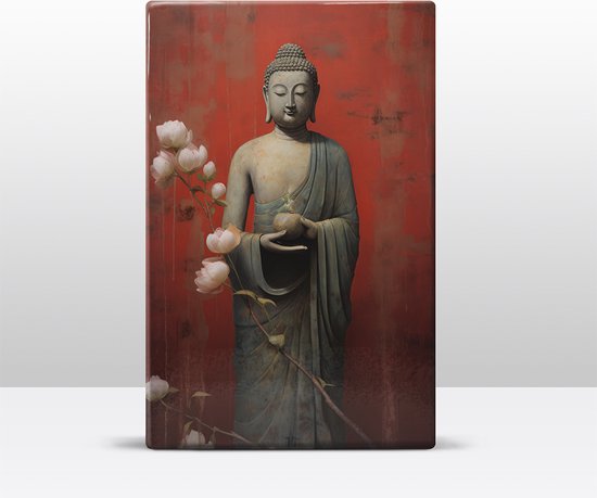 Buddha met bloemen - Laqueprint - 19,5 x 30 cm - Niet van echt te onderscheiden handgelakt schilderijtje op hout - Mooier dan een print op canvas. - LW522