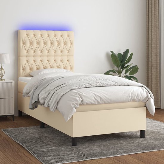 The Living Store Boxspring Bed - Crème - 203 x 100 x 118/128 cm - Verstelbaar hoofdbord - Kleurrijke LED-verlichting - Pocketvering matras - Huidvriendelijk topmatras - Met montagehandleiding - Met USB-aansluiting