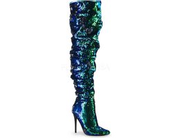 COURTLY-3011 - (EU 44 = US 13) - 5 Ruched Sequined Thigh High Boot, 1/3 Side Zip