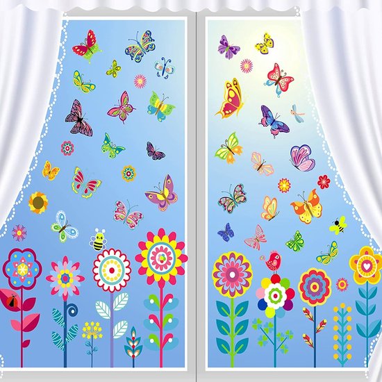 9 vellen raamstickers, lente, 99 stuks, zelfklevende raamdecoratie, zomerdecoratie, raamstickers, bloemen, vlinders, raamdecoratie voor kinderkamer, feest