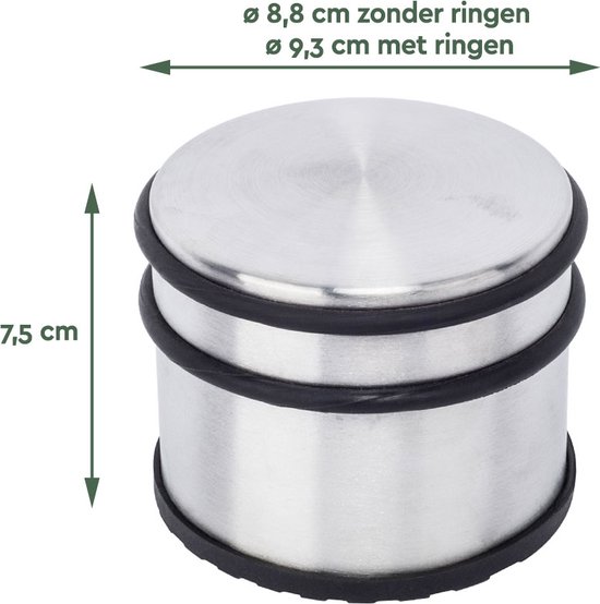 RVS deurstopper met twee zwarte rubberen ringen, 7,5 cm hoog, diameter 9,3 cm.